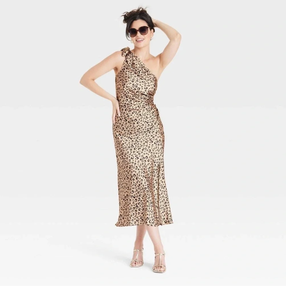 A New Day Women's One Shoulder Satin Midi Dress Brown Leopard Cheetah Print - Picture 3 of 3